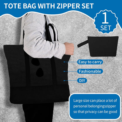 2-Pack Canvas Tote Bags and Makeup Bags, Cotton Zipper Bag, All Black