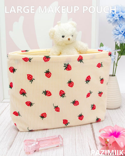 Flat Makeup Bag for Women,Zipper Cosmetic Pouch for Purse,Strawberry Beige