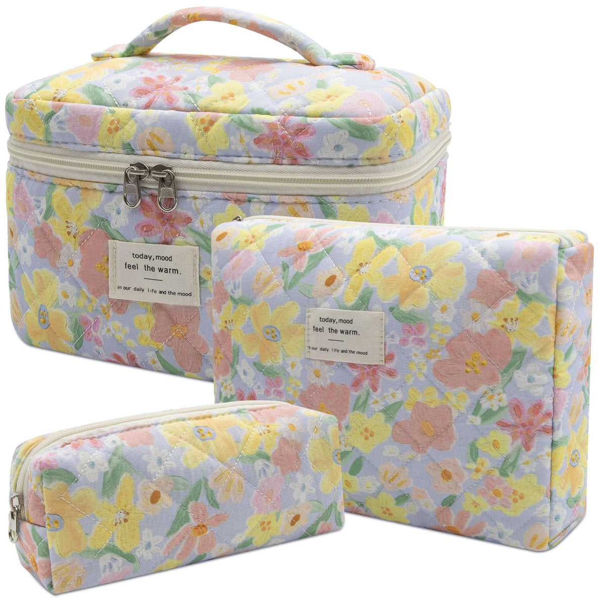 Gosect Makeup Bag Set, Quilted Makeup Bags, Large Floral Cosmetic Bag for Women, Cute Cotton Makeup Bags, Flower Travel Toiletry Organizer Bag (Folk Style)