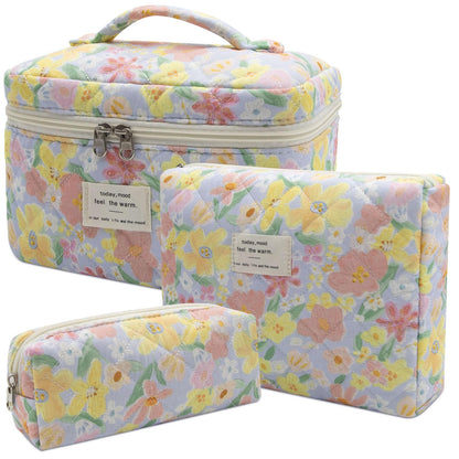 Gosect Makeup Bag Set, Quilted Makeup Bags, Large Floral Cosmetic Bag for Women, Cute Cotton Makeup Bags, Flower Travel Toiletry Organizer Bag (Folk Style)