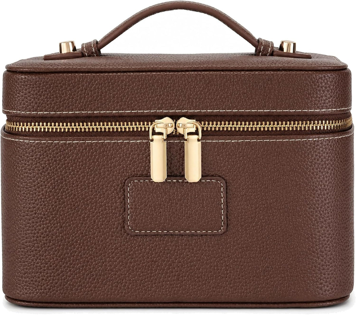 Makeup Bag Travel Toiletry Leather Cosmetic Case, Waterproof Makeup Organizer with Brush Holder, Wipe Clean Removable Divider Vanity Train Bag for Women, Brown Coffe