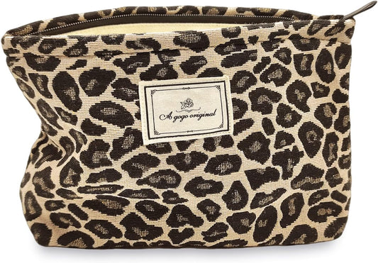 STARDW Leopard Makeup Bag Organizer Cosmetic Bags for Women and Girls,Travel Toiletry Bag Large Capacity Canvas Makeup Zipper Pouch, Purse Organizer Pouches (Brown Leopard)