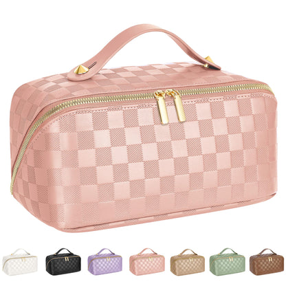 ALEXTINA Travel Makeup Bag, Woven PU Leather Cosmetic Bag, Khaki