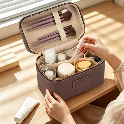 Makeup Bag Travel Toiletry Leather Cosmetic Case, Waterproof Makeup Organizer with Brush Holder, Wipe Clean Removable Divider Vanity Train Bag for Women, Brown Coffe