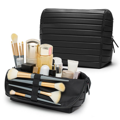 Minoisome Travel Makeup Bag,PU leather toiletry bag,make up organizer case for women,Large Capacity Cosmetic Bag,Wide-open Pouch Purse，Toiletries Accessories，Fold-Down Design and Adjustable Dividers.