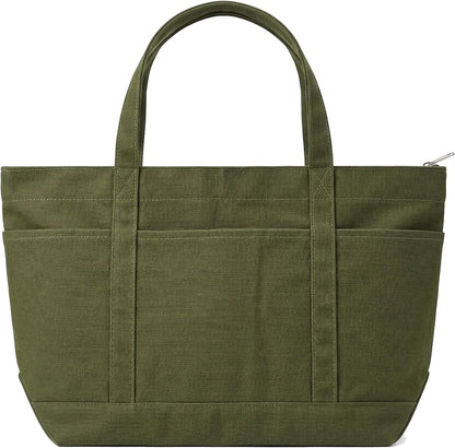 Large Canvas Tote Bag with Zipper, Multi Pockets for Work Travel