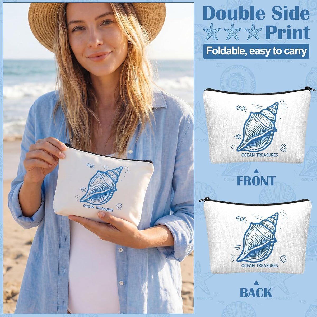 4 Pcs Coastal Cosmetic Bag Beach Ocean Themed Makeup Pouch,Simple