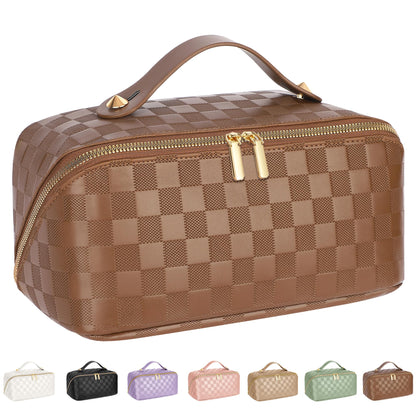ALEXTINA Travel Makeup Bag, Woven PU Leather Cosmetic Bag, Khaki