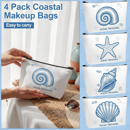 4 Pcs Coastal Cosmetic Bag Beach Ocean Themed Makeup Pouch,Simple