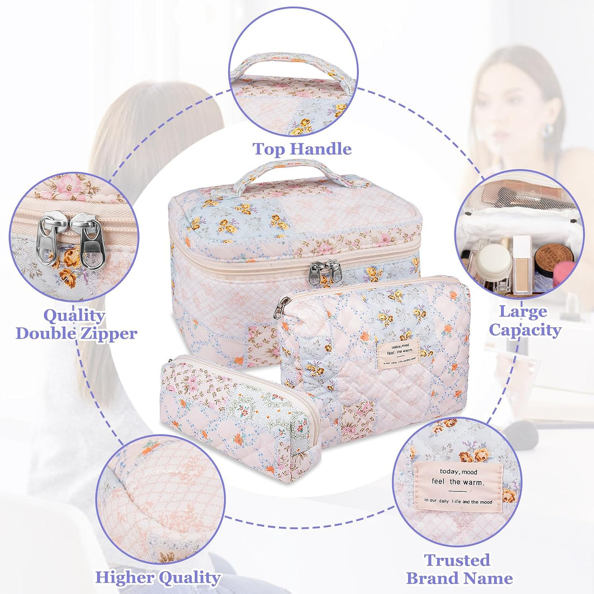 Gosect Makeup Bag Set, Quilted Makeup Bags, Large Floral Cosmetic Bag for Women, Cute Cotton Makeup Bags, Flower Travel Toiletry Organizer Bag (Folk Style)