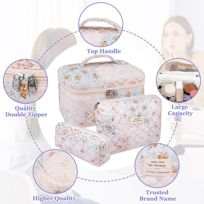 Gosect Makeup Bag Set, Quilted Makeup Bags, Large Floral Cosmetic Bag for Women, Cute Cotton Makeup Bags, Flower Travel Toiletry Organizer Bag (Folk Style)