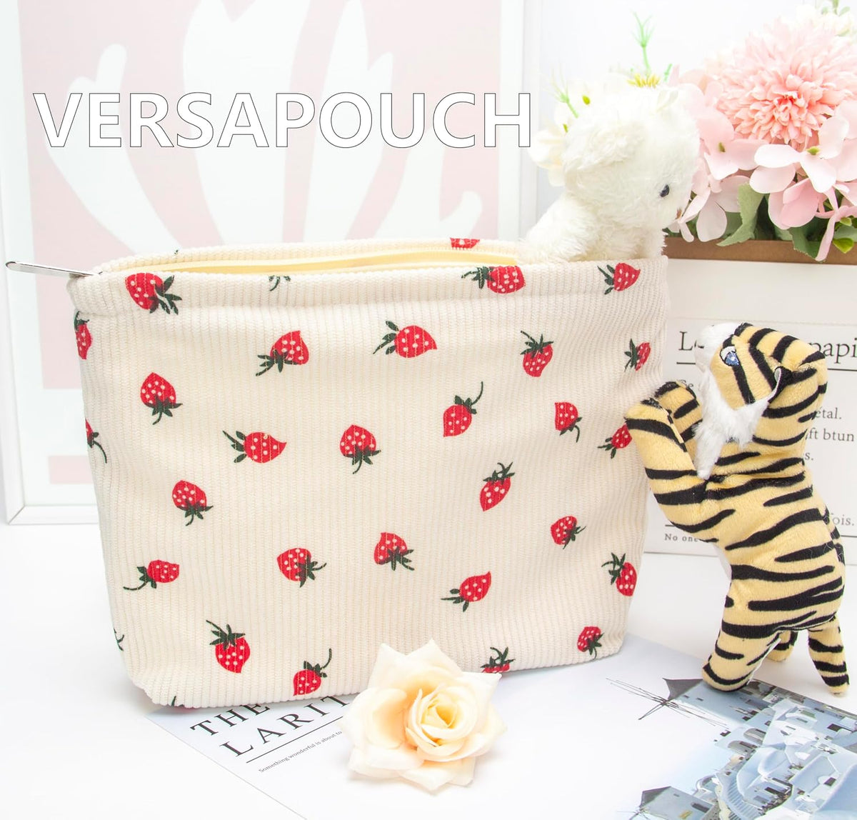 Flat Makeup Bag for Women,Zipper Cosmetic Pouch for Purse,Strawberry Beige