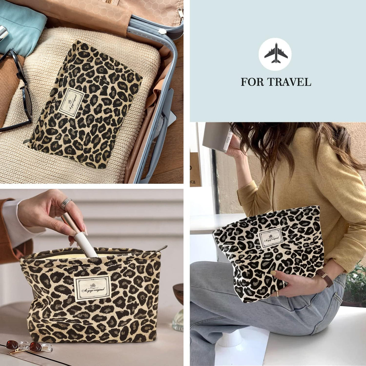 STARDW Leopard Makeup Bag Organizer Cosmetic Bags for Women and Girls,Travel Toiletry Bag Large Capacity Canvas Makeup Zipper Pouch, Purse Organizer Pouches (Brown Leopard)