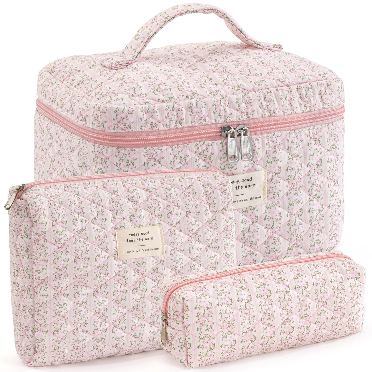 Makeup Bag for Women Quilted Cotton Make Up Bag Travel Cosmetic Bag Large Makeup Bag Cute Makeup Bags Organizer Floral Toiletry Bag Makeup Pouch for Purse, Pink Floral A-1PCS