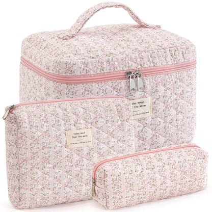 Makeup Bag for Women Quilted Cotton Make Up Bag Travel Cosmetic Bag Large Makeup Bag Cute Makeup Bags Organizer Floral Toiletry Bag Makeup Pouch for Purse, Pink Floral A-1PCS