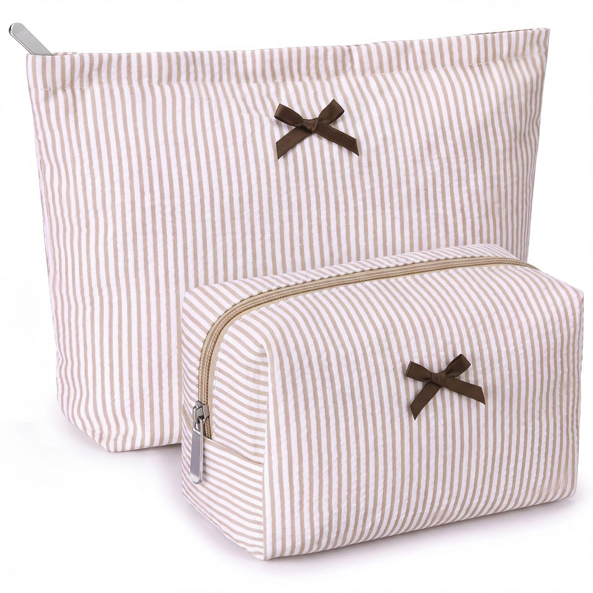 Huhumy 2 Pcs Makeup Bag Set for Women, Khaki, Thin Stripe