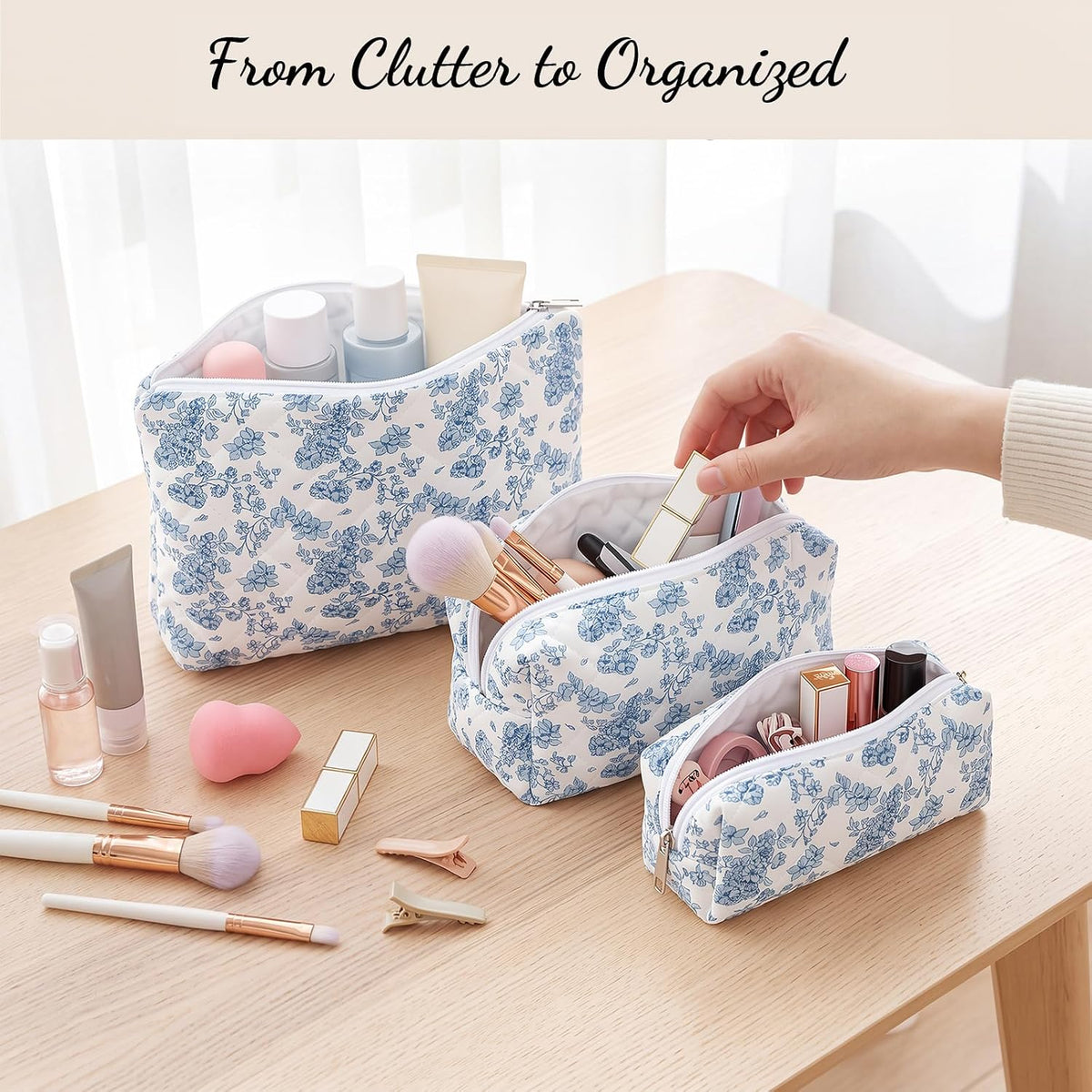 3 Pack Quilted Makeup Bag Floral Toiletry Bag for Traveling Women Girls