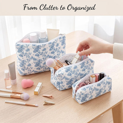 3 Pack Quilted Makeup Bag Floral Toiletry Bag for Traveling Women Girls