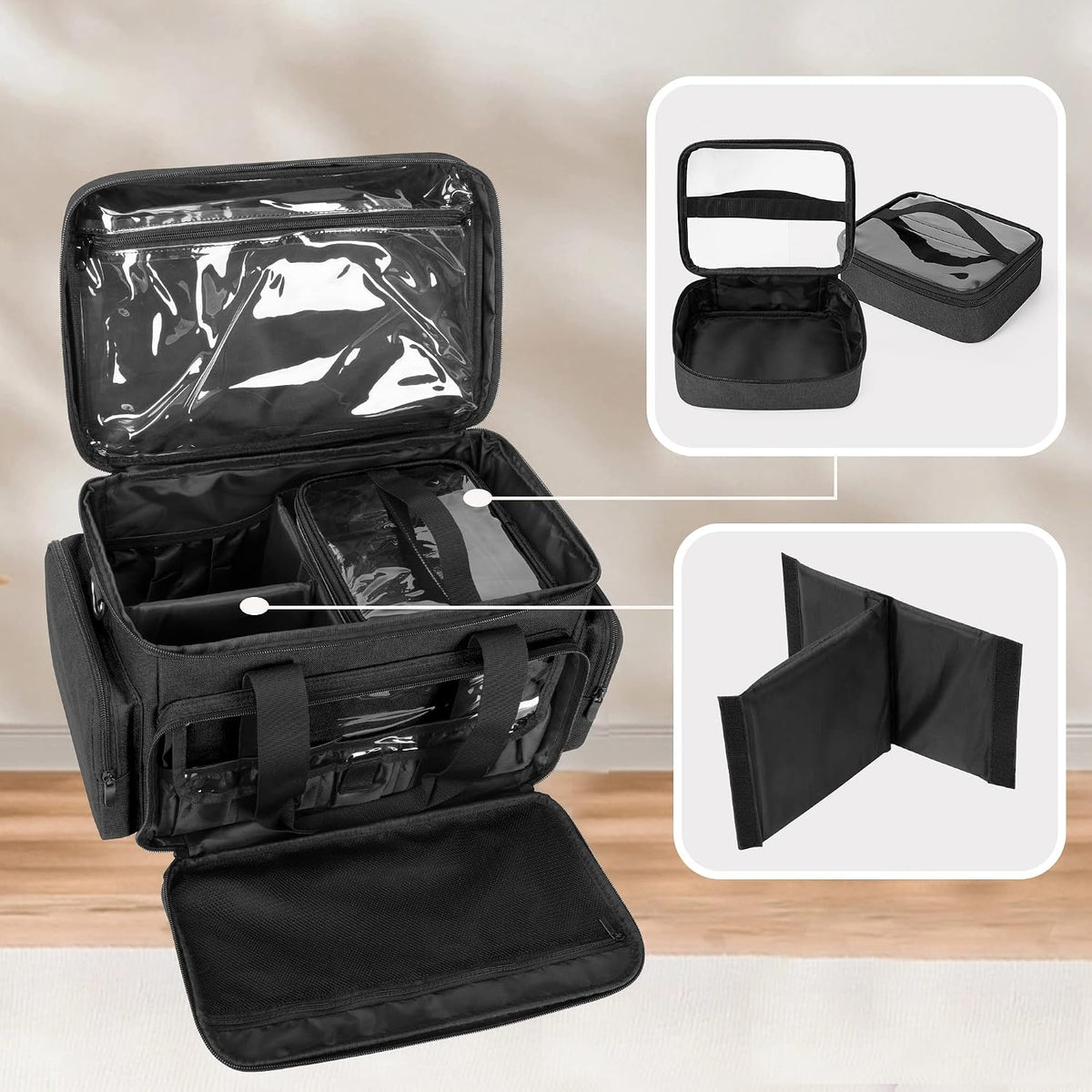 BAFASO Makeup Bag with 2 Removable Pouches and Detachable Dividers, Black