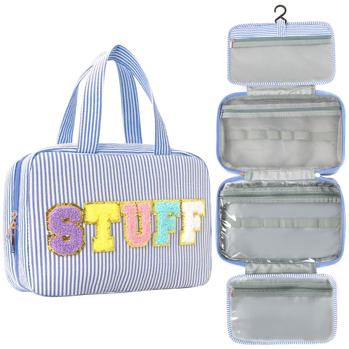 Toiletry Bag for Women Travel Water-resistant Cosmetic Bag Fashion Stripes Makeup Bag with Hanging Hook Preppy for Store Toiletries Cosmetic Accessories Medium Pink