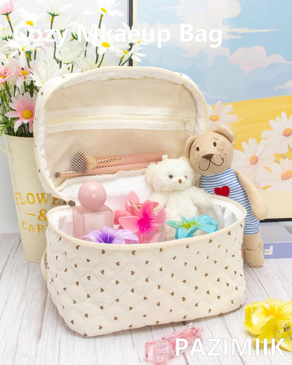 Quilted Makeup Bag for Women, Travel Cosmetic&Toiletry Bag,Gauze Heart