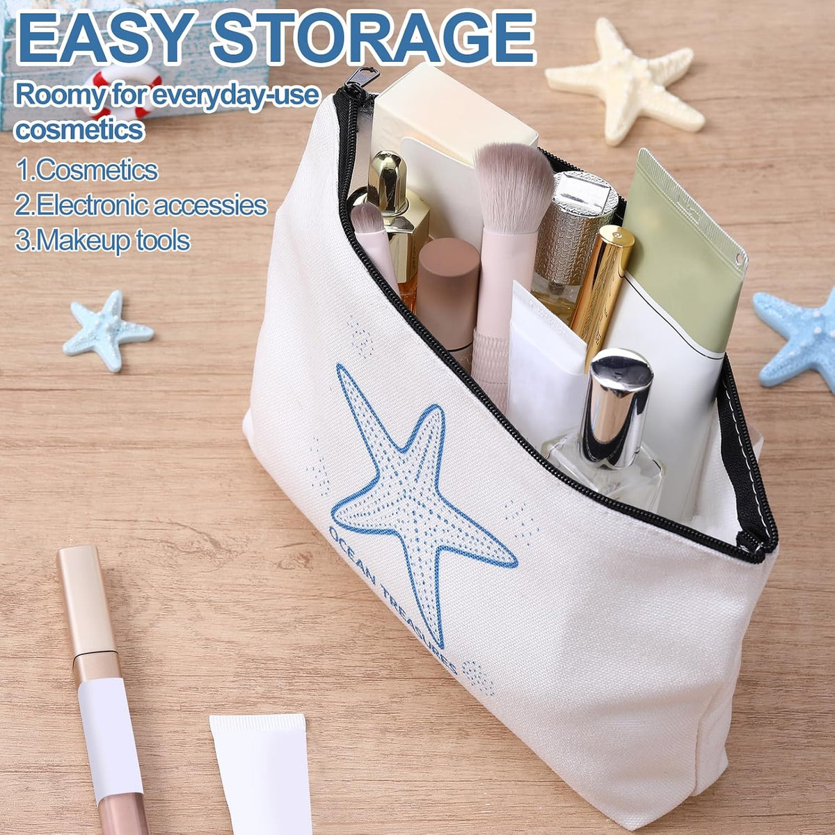 4 Pcs Coastal Cosmetic Bag Beach Ocean Themed Makeup Pouch,Simple
