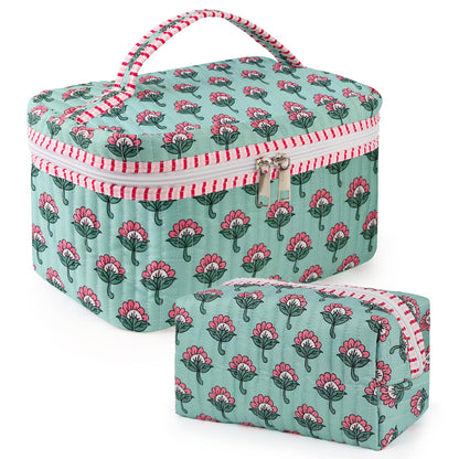 2 Pcs Quilted Makeup Bag Set, Floral Travel Cosmetic Bags for Women Girls