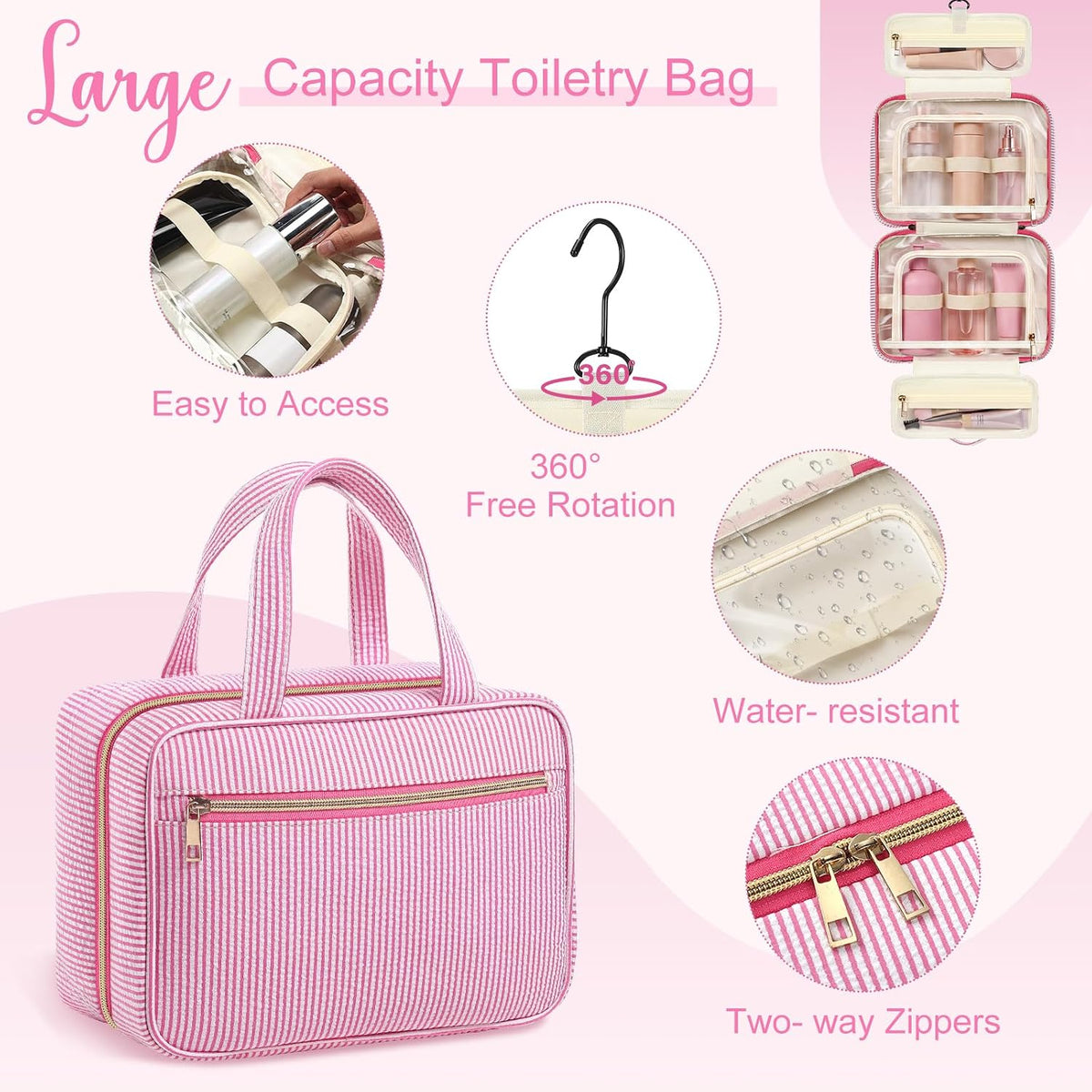 Sanwuta 3 Pcs Seersucker Toiletry Bag Set Stripe Makeup Bag, Rose Red