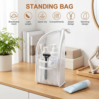 Standing Toiletry Bag,Portable Foldable Hanging Travel Organizer with Zipper and Loop,Mesh Large Capacity Cosmetic Waterproof Bag for Bathroom,Suitcase Packing,Toiletries,Makeup,Skincare (2PC,White)