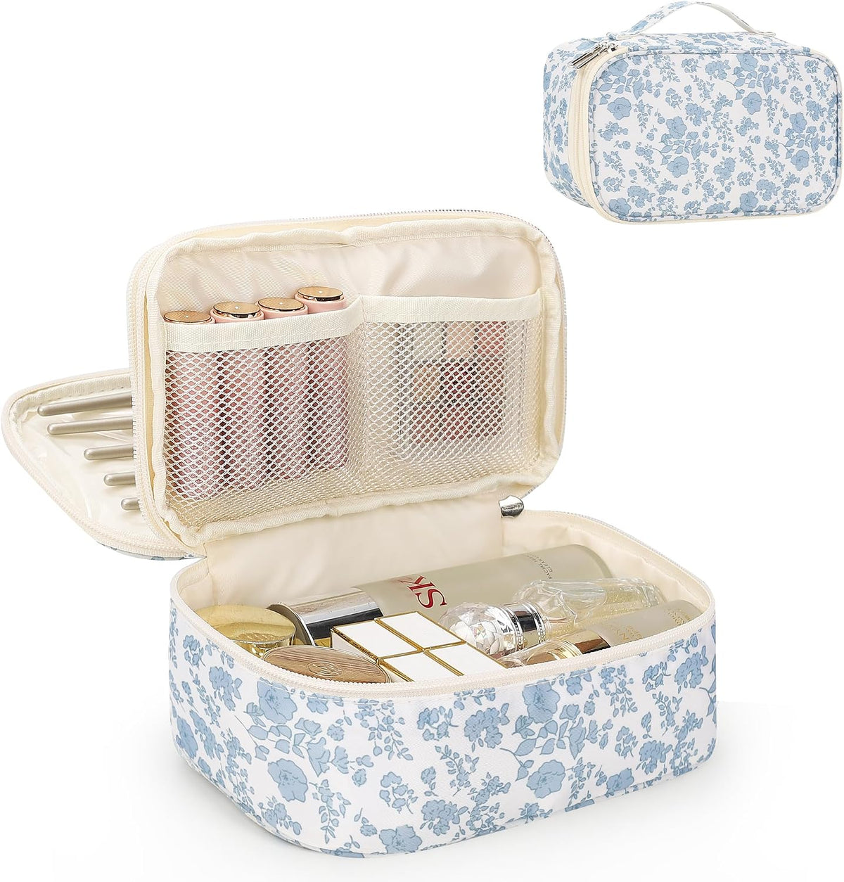 Relavel Travel Makeup Bag, Small Floral Cosmetic Bag with Handle for Trip