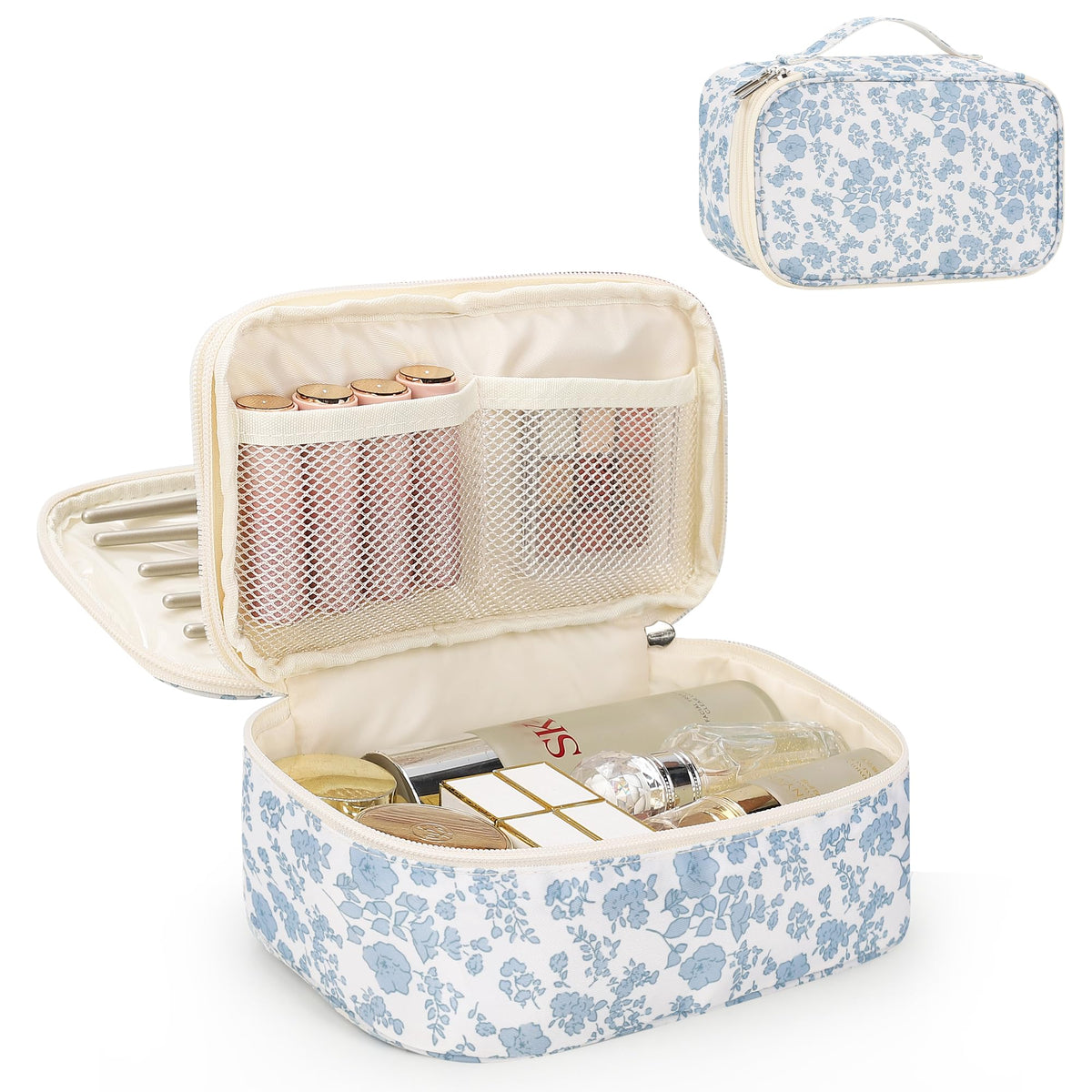 Relavel Travel Makeup Bag, Small Floral Cosmetic Bag with Handle for Trip
