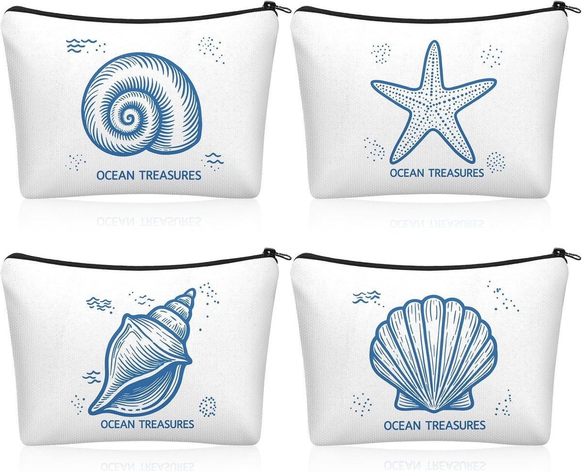 4 Pcs Coastal Cosmetic Bag Beach Ocean Themed Makeup Pouch,Simple