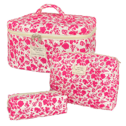 Rose Red Large Quilted Floral Makeup Bag Cute Soft Coquette Aesthetic Cosmetic Bag Cotton Travel Toiletry Bag for Women