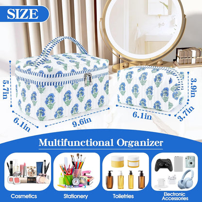 2 Pcs Quilted Makeup Bag Set, Floral Travel Cosmetic Bags for Women Girls