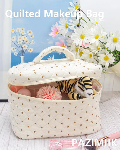 Quilted Makeup Bag for Women, Travel Cosmetic&Toiletry Bag,Gauze Heart