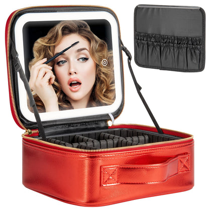 Extrei Gent Makeup Travel Train Case with Mirror LED Light 3 Adjustable Brightness Large Cosmetic Bag Portable Storage Adjustable Partition Waterproof Makeup Brushes Make up Jewelry Gift for Women