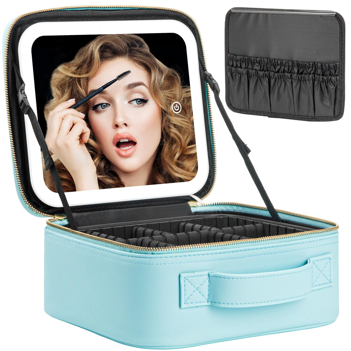 Extrei Gent Makeup Travel Train Case with Mirror LED Light 3 Adjustable Brightness Large Cosmetic Bag Portable Storage Adjustable Partition Waterproof Makeup Brushes Make up Jewelry Gift for Women