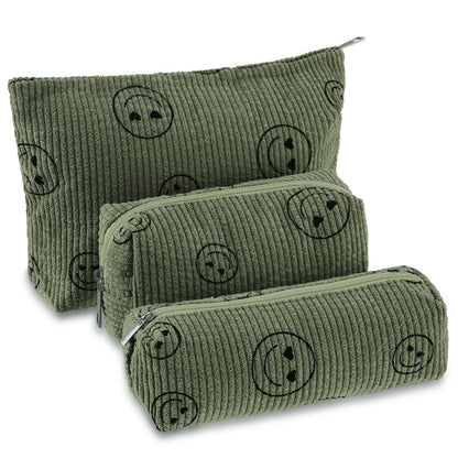 Huhumy 3 Pcs Corduroy Makeup Bag Set for Women, Pink, Solid Style