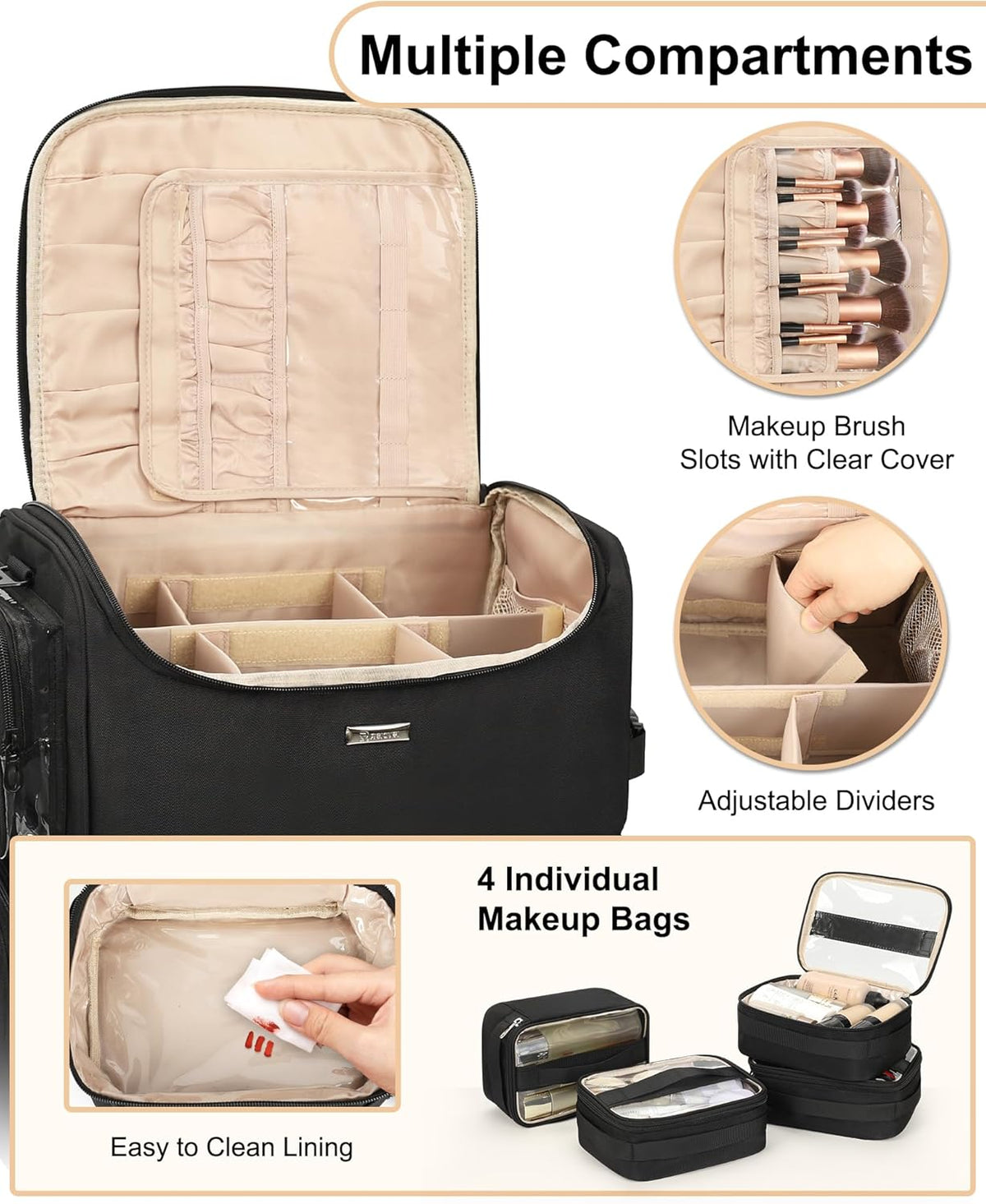 Relavel Rolling Makeup Case, Professional Makeup Artist Set Bag Cosmetic Organizer with 4 Clear Bags & Adjustable Dividers, Large Capacity Travel Train Case, Black