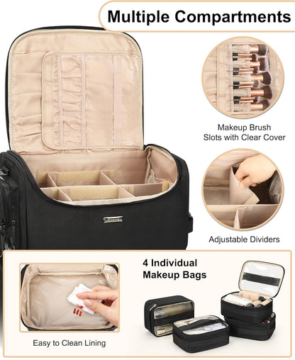 Relavel Rolling Makeup Case, Professional Makeup Artist Set Bag Cosmetic Organizer with 4 Clear Bags & Adjustable Dividers, Large Capacity Travel Train Case, Black