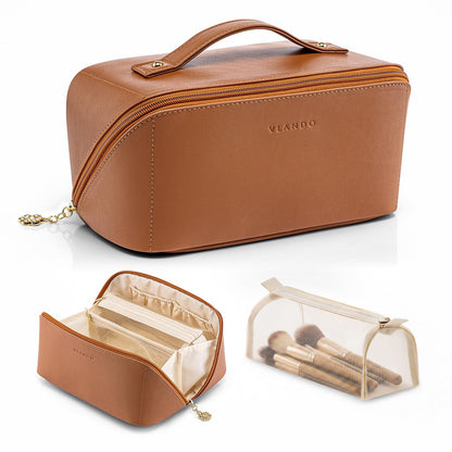 VLANDO Travel Makeup Bag with 180°Opening, Women Toiletry Case,Toffee