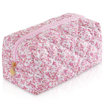 Makeup Bag Travel Toiletry Bag for Women, Small Cosmetic Bags Cute Quilted Cotton Makeup Pouch for Purse Emergency Bag Pencil Case Accessory Bag, Pastel Pink