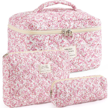 Makeup Bag for Women Quilted Cotton Make Up Bag Travel Cosmetic Bag Large Makeup Bag Cute Makeup Bags Organizer Floral Toiletry Bag Makeup Pouch for Purse, Pink Floral A-1PCS