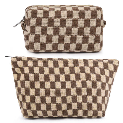SOIDRAM 2 Pieces Makeup Bag Large Checkered Cosmetic Bag Capacity Canvas Mix Travel Toiletry Bag Organizer Cute Makeup Brushes Aesthetic Accessories Storage Bag for Women, Checkered Mix Rose Red
