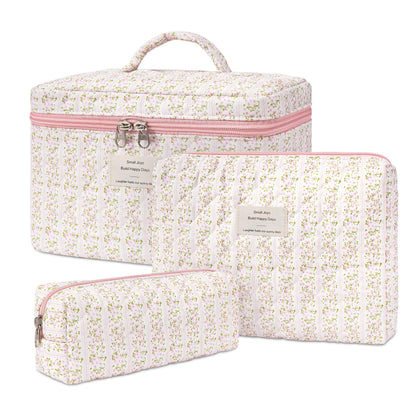 Makeup Bag,Quilted Cosmetic Bag,Large Floral Make Up Bag for Women,Cotton Makeup Bag Set,Flower Travel Toiletry Bag