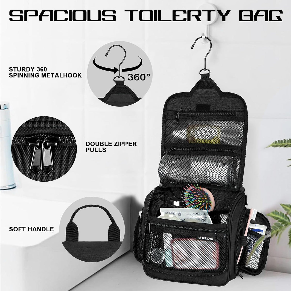Goloni Hanging Toiletry Bag for Men Women, Water-Resistant Organizer,Black
