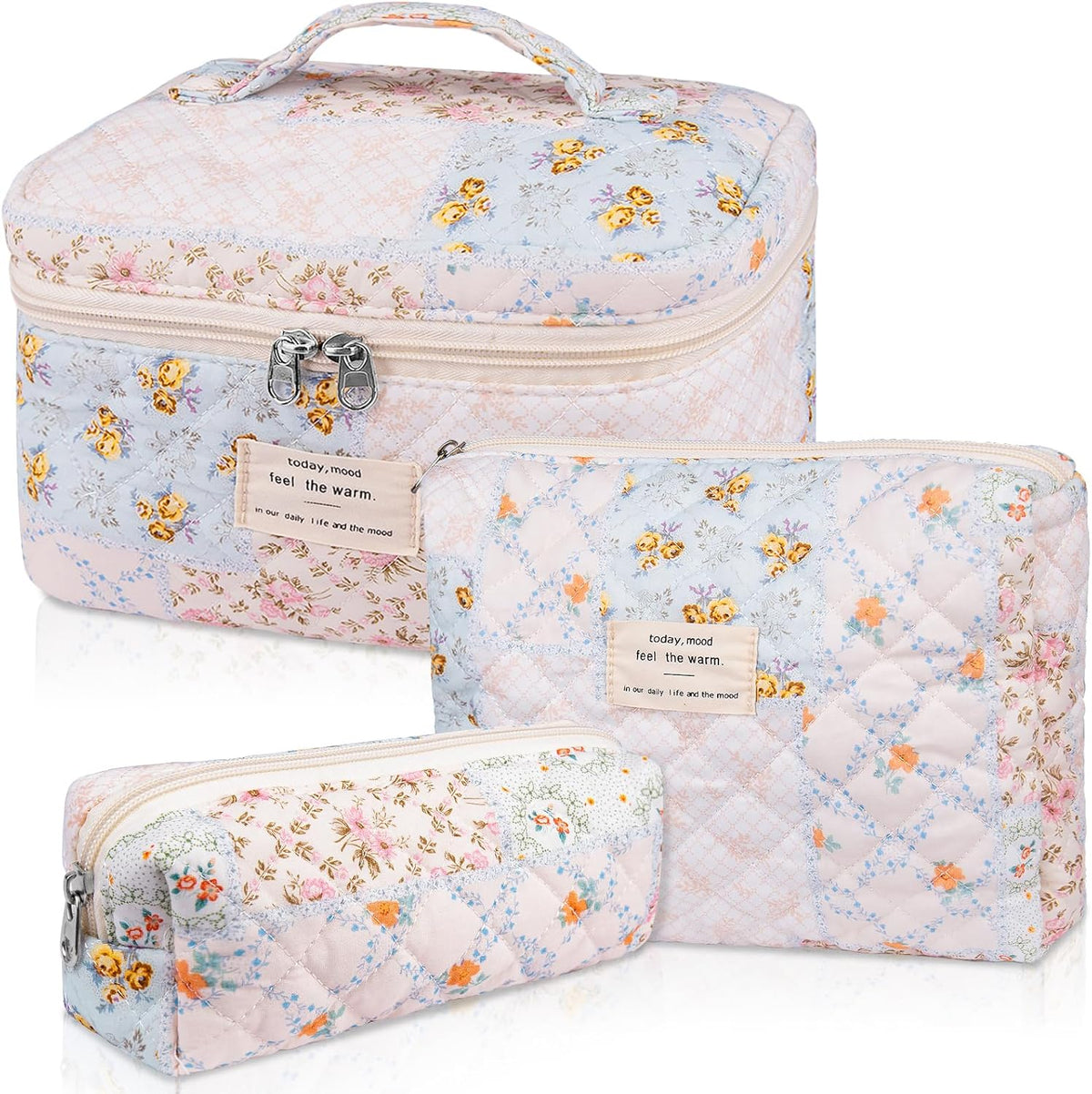 Gosect Makeup Bag Set, Quilted Makeup Bags, Large Floral Cosmetic Bag for Women, Cute Cotton Makeup Bags, Flower Travel Toiletry Organizer Bag (Folk Style)