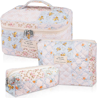 Gosect Makeup Bag Set, Quilted Makeup Bags, Large Floral Cosmetic Bag for Women, Cute Cotton Makeup Bags, Flower Travel Toiletry Organizer Bag (Folk Style)