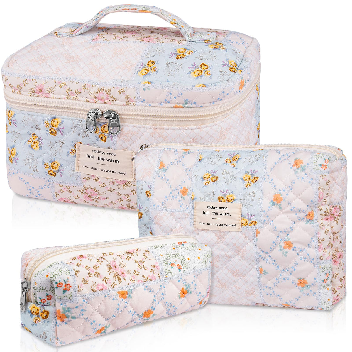 Gosect Makeup Bag Set, Quilted Makeup Bags, Large Floral Cosmetic Bag for Women, Cute Cotton Makeup Bags, Flower Travel Toiletry Organizer Bag (Folk Style)