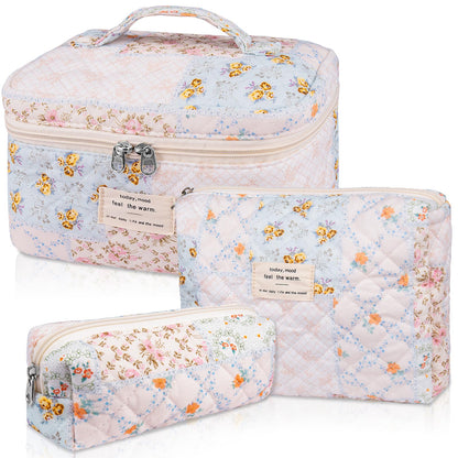 Gosect Makeup Bag Set, Quilted Makeup Bags, Large Floral Cosmetic Bag for Women, Cute Cotton Makeup Bags, Flower Travel Toiletry Organizer Bag (Folk Style)